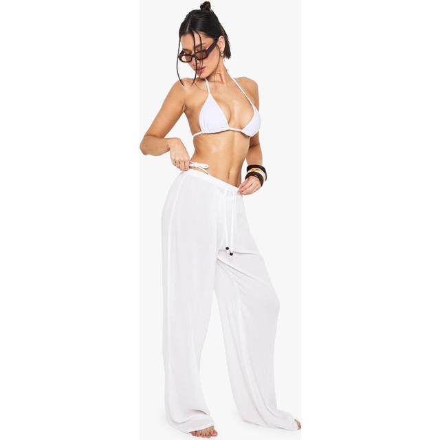 Womens Tall Crinkle Beaded Wide Leg Beach Trousers - White - 12, White