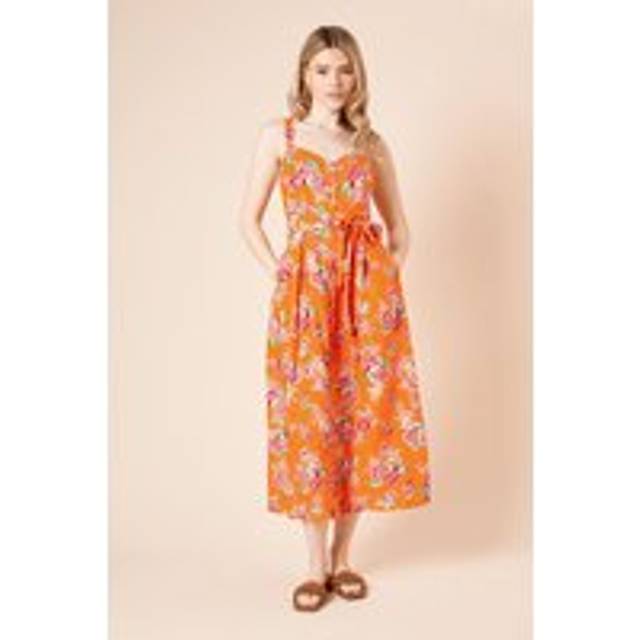 Womens Floral Printed Button Up Belted Linen Midi Dress - 16