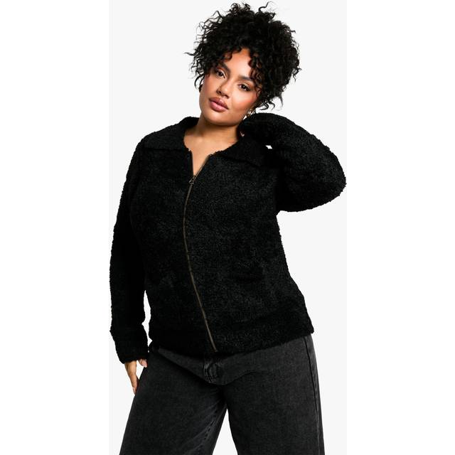 Womens Plus Soft Knit Boucle Zip Through Collared Cardigan - Black - 16-18