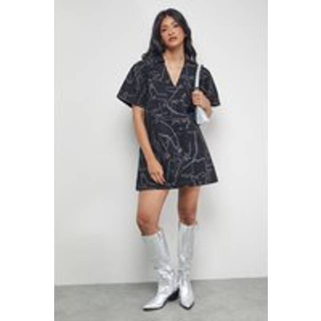 Tony Printed Boxy Denim Mini Dress With Pockets - Mid Blue - 10