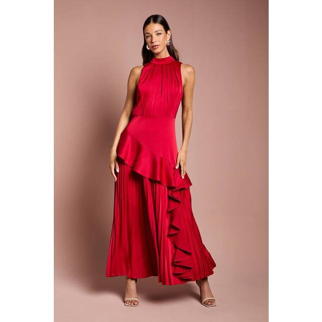 Sleeveless Ruffle Pleat Satin Back Crepe Dress - Red - 10