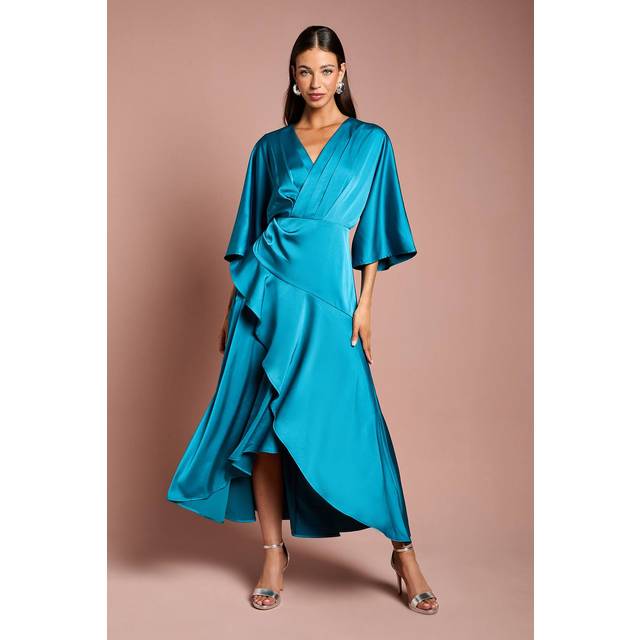 Satin Back Crepe Ruffle Wrap Midi Dress - Blue - 10