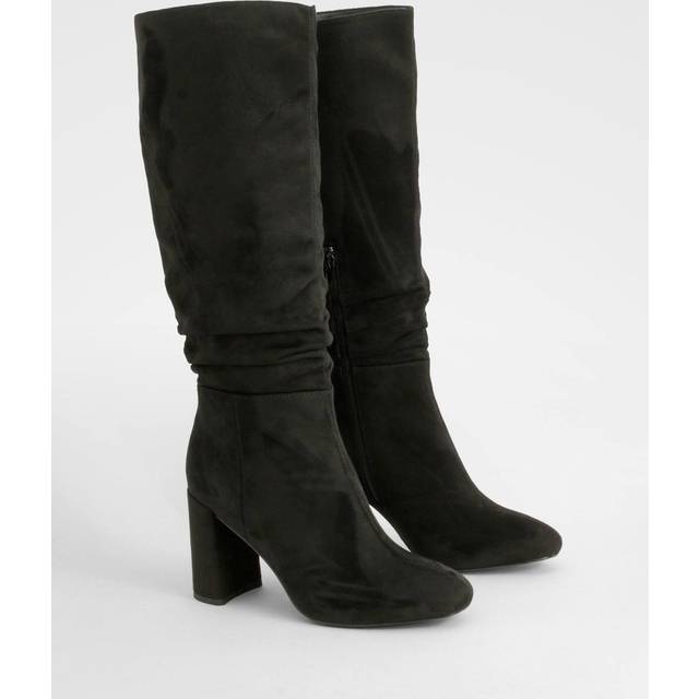 Womens Wide Fit Ruched Heeled Knee High Boots - Black - 8, Black