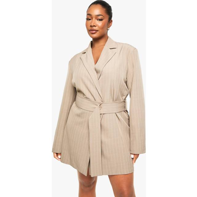 Womens Plus Pinstripe Belted Blazer Dress - Beige - 20