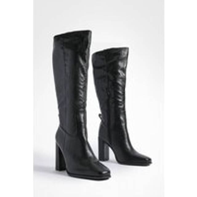 Womens Wide Fit Block Heel High Shine Knee High Boots - Black - 8, Black