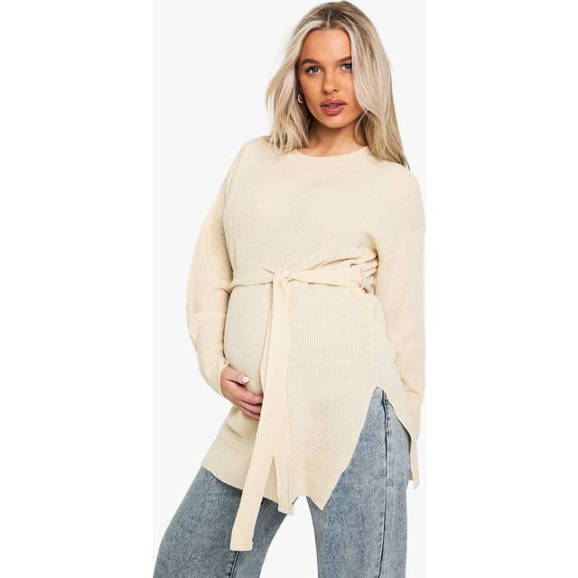 Womens Maternity Side Split Knitted Tie Waist Jumper - Beige - Xl, Beige