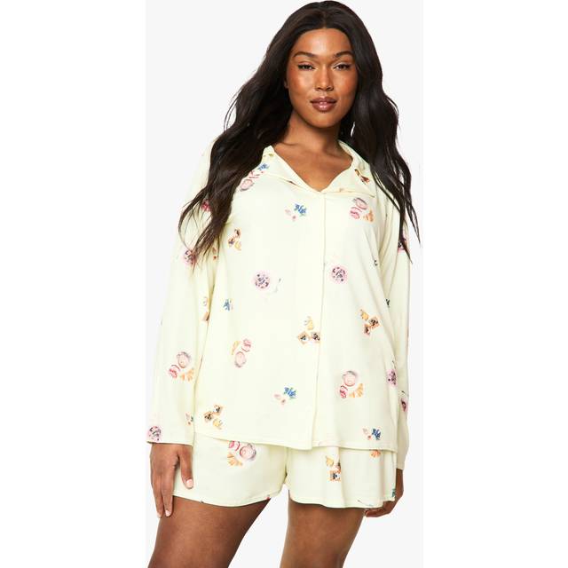 Womens Plus Breakfast Print Long Sleeve Shirt & Short PJ Set - Yellow - 24