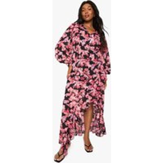 Womens Plus Floral Ruffle Wrap Maxi Dress - Pink - 26