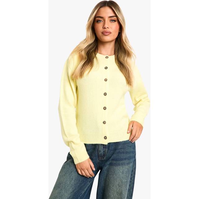 Womens Crew Neck Fine Gauge Micro Cardigan - Yellow - S, Yellow