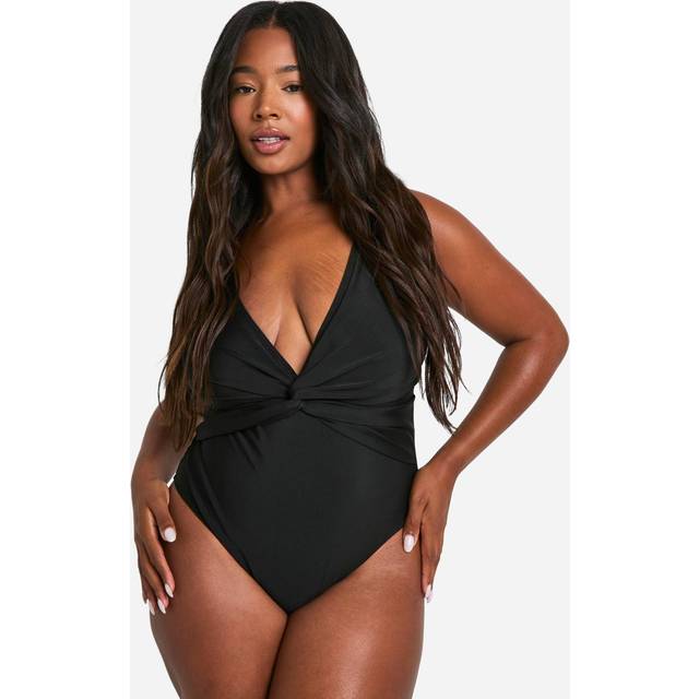 Womens Plus Tummy Control Twist Plunge Swimsuit - Black - 26, Black