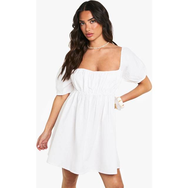 Womens Petite Linen Puff Sleeve Smock Mini Dress - White - 10, White