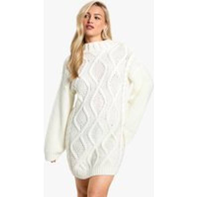 Womens Crew Neck Cable Jumper Dress - White - S