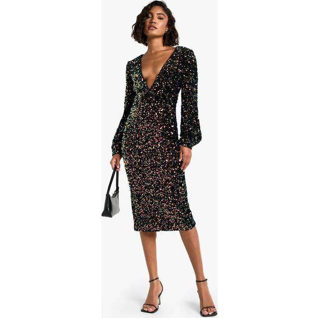 Womens Tall Sequin Balloon Sleeve Plunge Midi Dress - Black - 10, Black