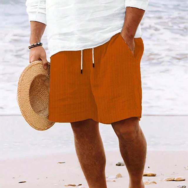 (OG, L) New Summer Beach Men's Linen Casual Loose Elastic Waist Striped Shorts with Drawstring Linen Cotton Track Short Pants for Man