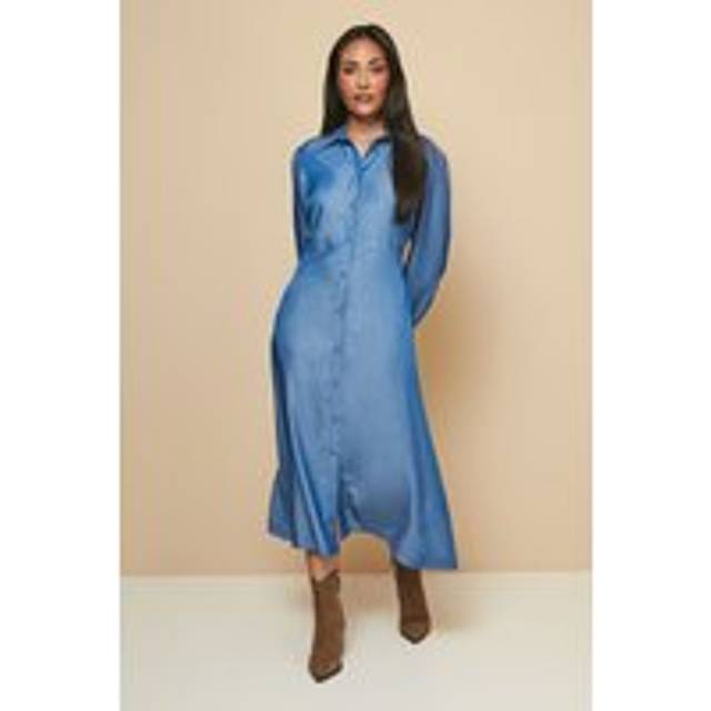 Womens Petite Denim Look Maxi Shirt Dress - Mid Wash - 16