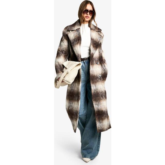 Womens Check Oversized Wool Look Coat - Brown - 10