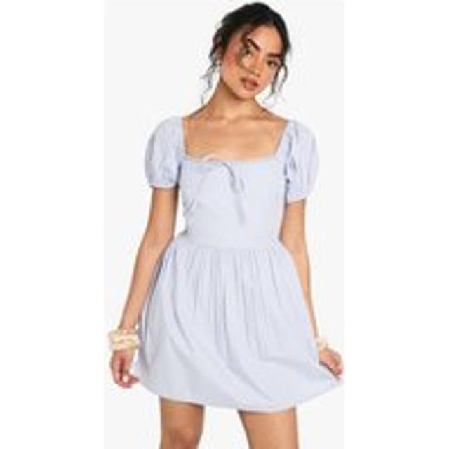 Womens Cotton Poplin Puff Sleeve Mini Dress - Light Blue - 16
