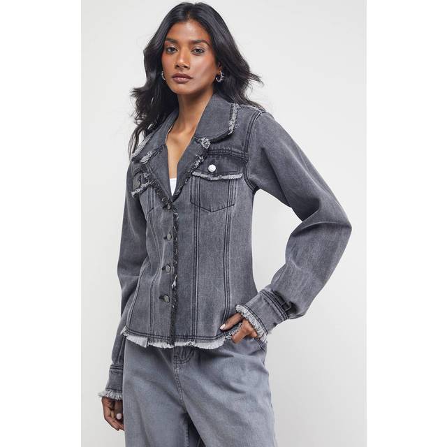 Front Fitted Denim Jacket With Frayed Hem - Grey - 10