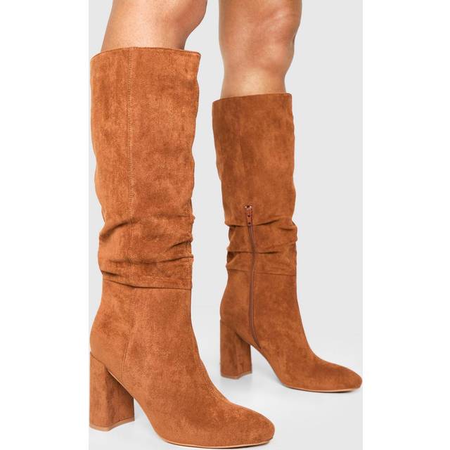 Womens Ruched High Block Heeled Knee High Boots - Brown - 8, Brown