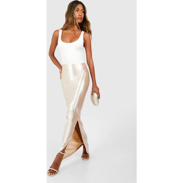 Womens Stretch Satin Split Maxi Skirt - Gold - 16, Gold
