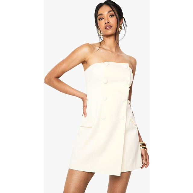 Womens Double Breasted Bandeau Tailored Mini Dress - White - 12, White