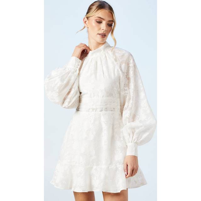 Oasis womens mini dress ivory high neck blouson sleeve frill satin bridal