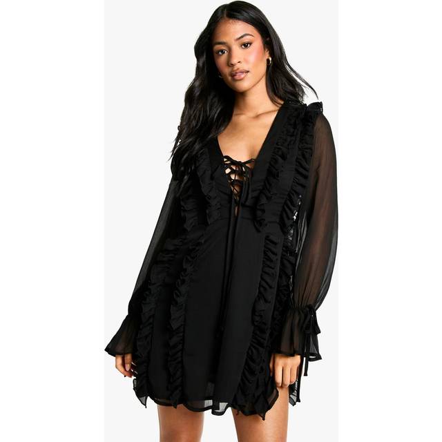 Womens Tall Crinkle Chiffon Ruffle Shift Dress - Black - 8, Black