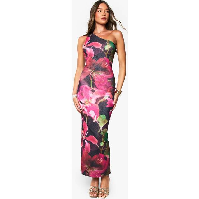 Womens Floral One Shoulder Open Back Maxi Dress - Black - 12, Black
