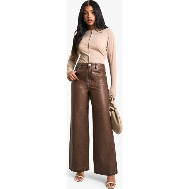 Womens Vintage Look Wide Leg Faux Leather Trouser - Brown - 10