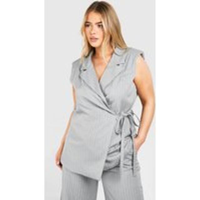 Womens Plus Woven Pinstripe Wrap Sleeveless Blazer - Grey - 28, Grey