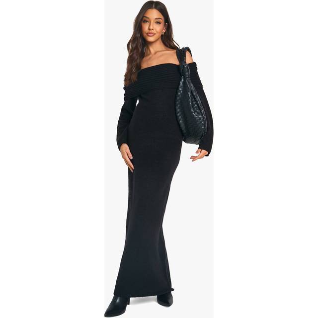 Womens Premium Oversized Rib Bardot Neckline Soft Knit Jumper Dress - Black - M