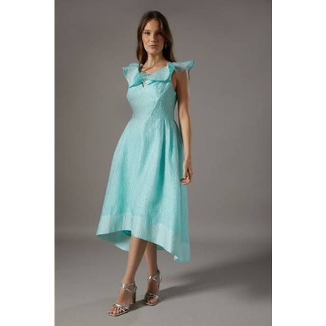 Ruffle Neck Fit And Flare Dress - Ice Blue - 10