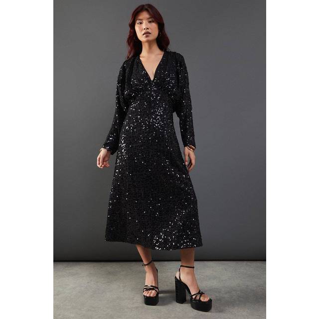 Warehouse womens midi dress black sequin crinkle batwing plunge neck