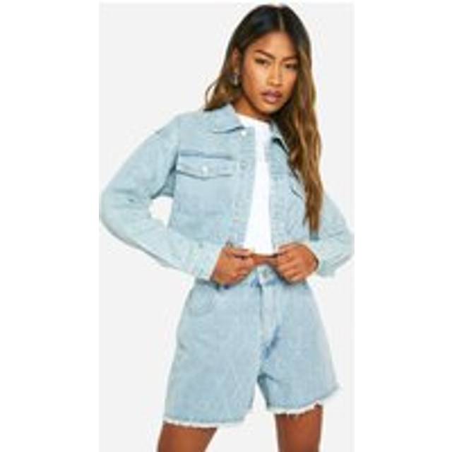 Womens Diamante Hot Fix Fray Hem Long Denim Shorts - Blue - 6, Blue
