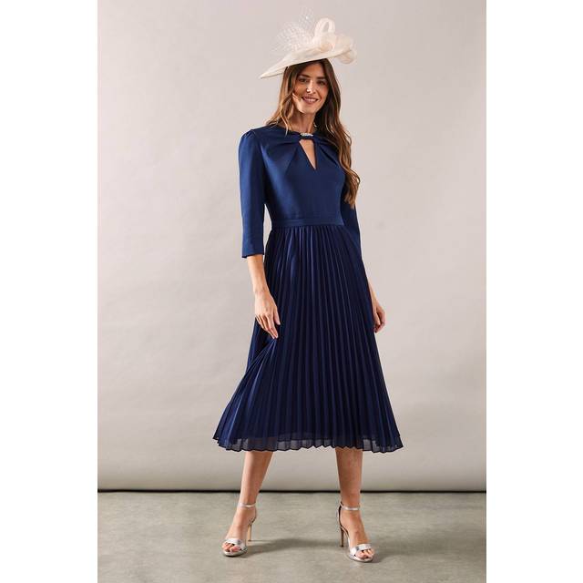 Womens Premium Crepe Bodice Pleat Skirt Midi Dress - Navy - 12