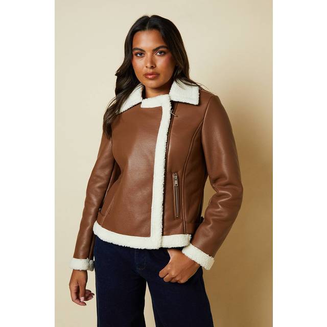 Womens Brown Faux Leather Short Aviator Jacket - 8