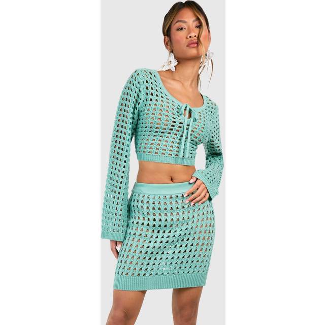 Womens Crochet Lace Up Crop Top - Blue - M, Blue
