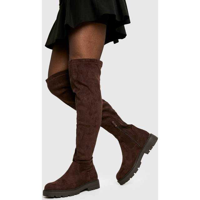 Womens Faux Suede Chunky Knee High Boots - Brown - 5, Brown