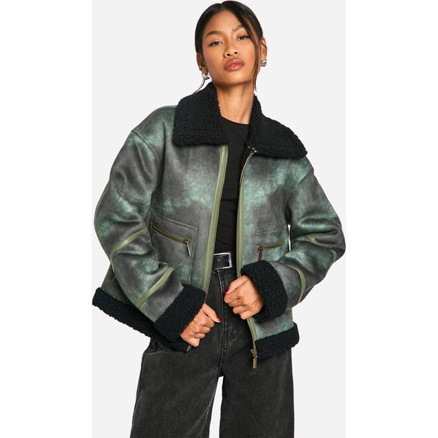 Womens Vintage Look Teddy Trim Aviator Jacket - Green - 14