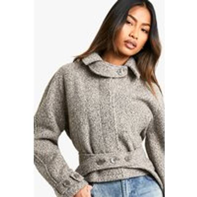 Womens Boucle Wool Look Short Trench Coat - Brown - 10