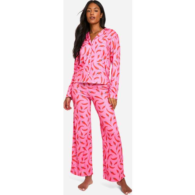 Womens Tall Chilli Print Long Sleeve Shirt & Trousers Pyjama Set - Red - 8, Red