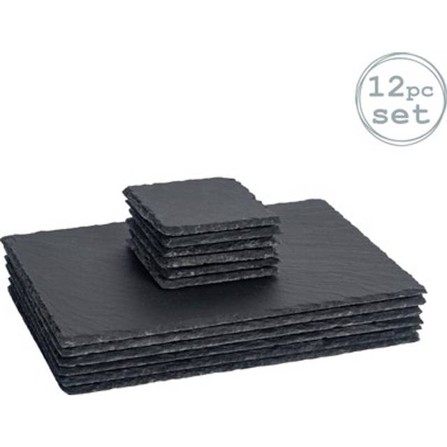 12pc Black Rectangle Slate Placemats & Coasters Set