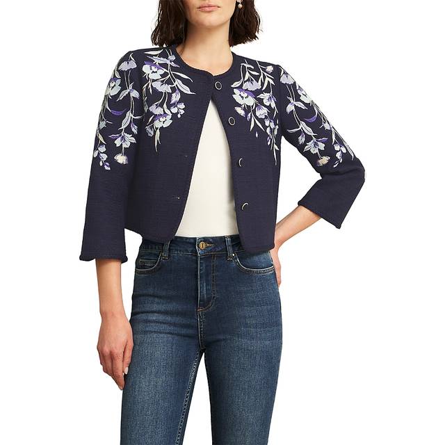 Hobbs Hinton Braided Trim Floral Embroidery Cropped Jacket, Midnight Navy
