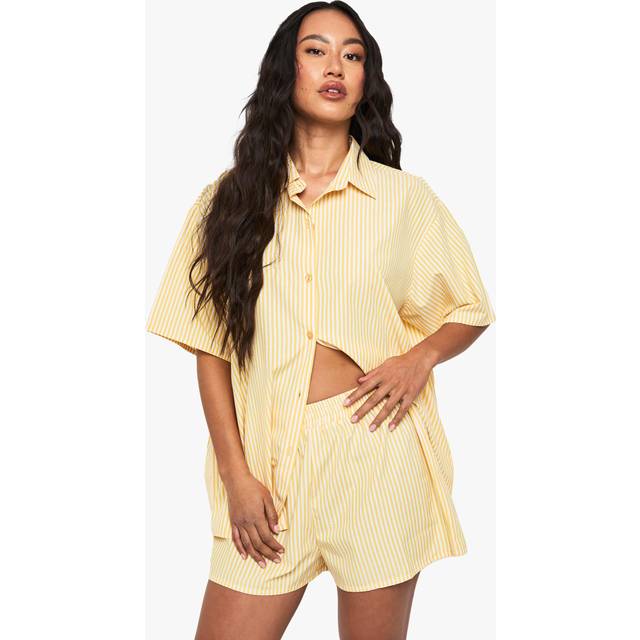 Womens Cotton Pinstripe Oversized Pyjama Short Sleeve Shirt - Yellow - 10, Yellow