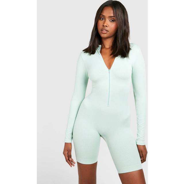 Womens Seamless Zip Up Short Unitard - Green - L, Green
