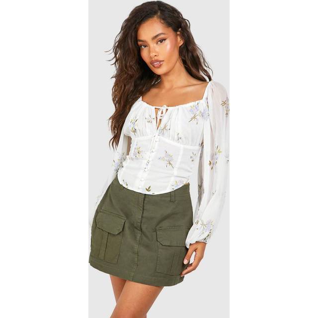 Boohoo Floral Milkmaid Blouse In White - white - 14