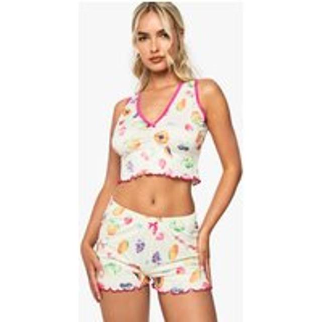 Womens Contrast Trim Fruit Print Print Vest & Shorts Pyjama Set - Yellow - 16, Yellow