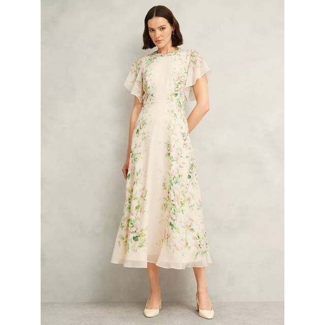Hobbs Petite Kim Watercolour Floral Pure Silk Dress, Cream/Multi