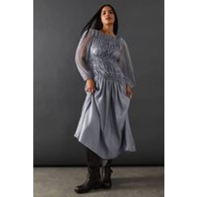 Womens Shirred Chiffon Panel Bodice Midi Dress - Grey - 6