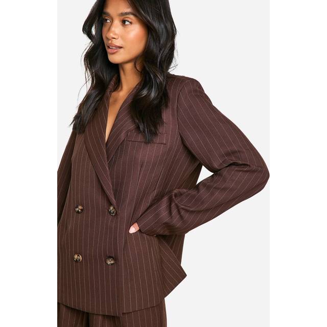 Womens Petite Pinstripe Double Breasted Blazer - Brown - 12, Brown